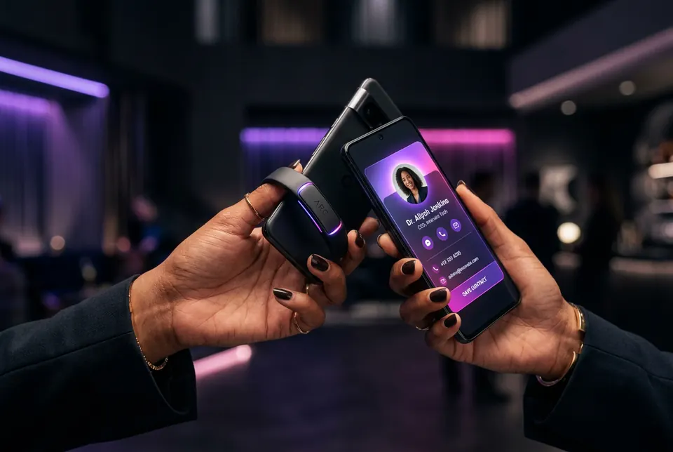 A Tapn bracelet being tapped on a phone to share a profile