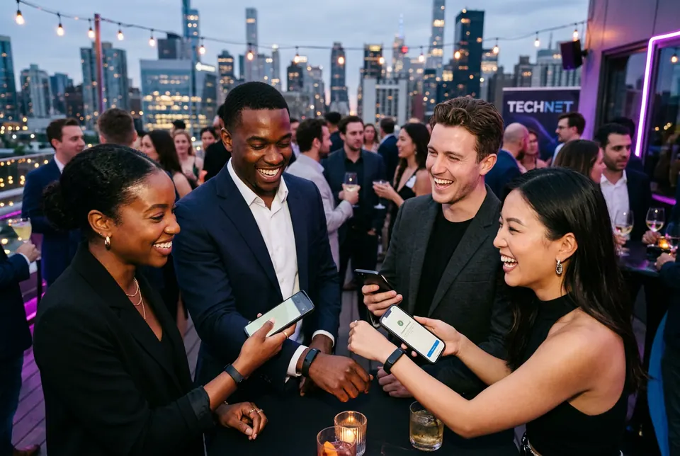 Friends connecting with Tapn bracelets at an event